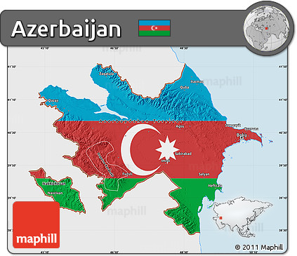 Flag Map of Azerbaijan, single color outside, bathymetry sea, shaded relief sea, flag centered
