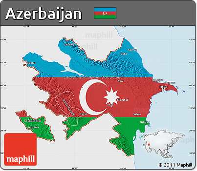 Flag Map of Azerbaijan, single color outside, bathymetry sea, shaded relief sea, flag centered