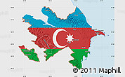 Flag Map of Azerbaijan, single color outside, bathymetry sea, shaded relief sea, flag centered
