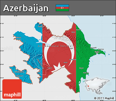 Flag Map of Azerbaijan, single color outside, bathymetry sea, shaded relief sea, flag aligned to the middle
