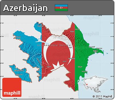 Flag Map of Azerbaijan, single color outside, bathymetry sea, shaded relief sea, flag aligned to the middle