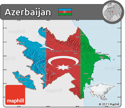 Flag Map of Azerbaijan, single color outside, bathymetry sea, shaded relief sea, flag rotated