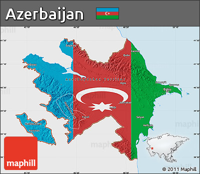 Flag Map of Azerbaijan, single color outside, bathymetry sea, shaded relief sea, flag rotated