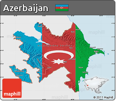 Flag Map of Azerbaijan, single color outside, bathymetry sea, shaded relief sea, flag rotated