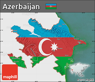 Flag Map of Azerbaijan, single color outside, satellite sea, flag centered
