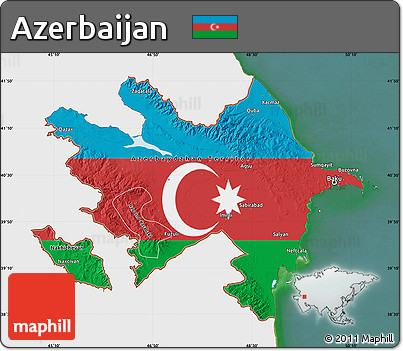 Flag Map of Azerbaijan, single color outside, satellite sea, flag centered