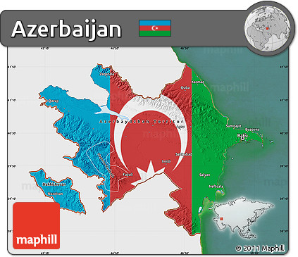 Flag Map of Azerbaijan, single color outside, satellite sea, flag aligned to the middle