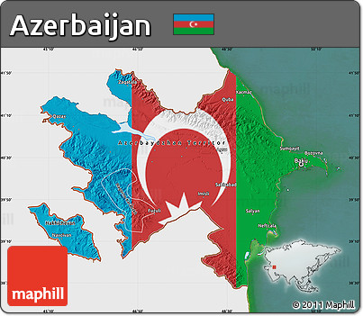 Flag Map of Azerbaijan, single color outside, satellite sea, flag aligned to the middle
