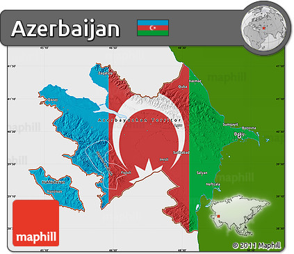 Flag Map of Azerbaijan, single color outside, shaded relief sea, flag aligned to the middle