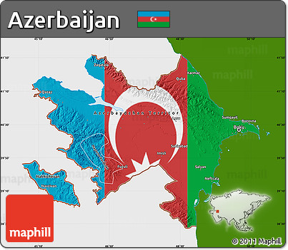 Flag Map of Azerbaijan, single color outside, shaded relief sea, flag aligned to the middle