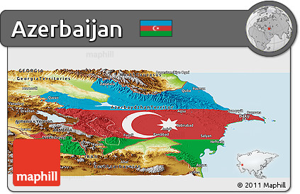 Flag Panoramic Map of Azerbaijan, physical outside, bathymetry sea, flag centered