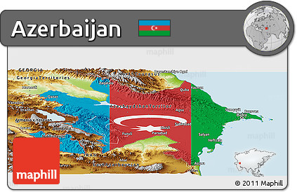 Flag Panoramic Map of Azerbaijan, physical outside, bathymetry sea, flag rotated