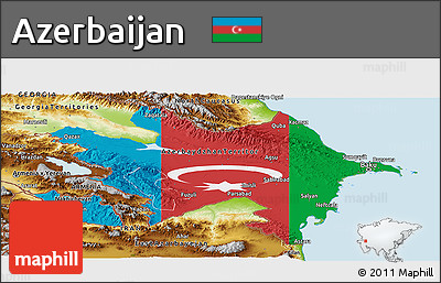 Flag Panoramic Map of Azerbaijan, physical outside, bathymetry sea, flag rotated