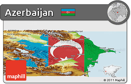 Flag Panoramic Map of Azerbaijan, physical outside, flag aligned to the middle