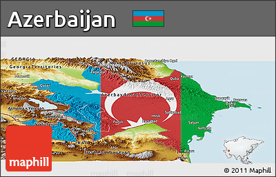 Flag Panoramic Map of Azerbaijan, physical outside, flag aligned to the middle