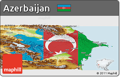 Flag Panoramic Map of Azerbaijan, physical outside, flag aligned to the middle