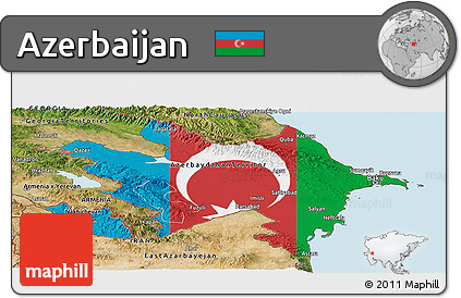 Flag Panoramic Map of Azerbaijan, satellite outside, bathymetry sea, flag aligned to the middle