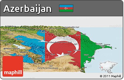Flag Panoramic Map of Azerbaijan, satellite outside, bathymetry sea, flag aligned to the middle