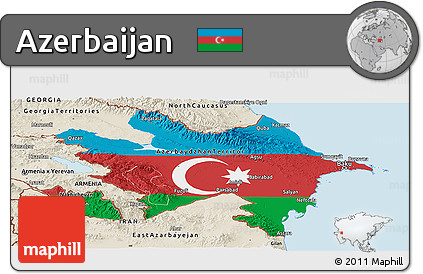 Flag Panoramic Map of Azerbaijan, shaded relief outside, flag centered