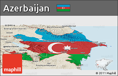 Flag Panoramic Map of Azerbaijan, shaded relief outside, flag centered