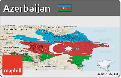 Flag Panoramic Map of Azerbaijan, shaded relief outside, flag centered