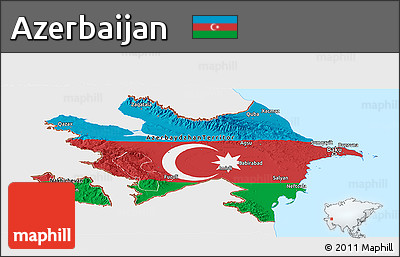 Flag Panoramic Map of Azerbaijan, single color outside, bathymetry sea, flag centered