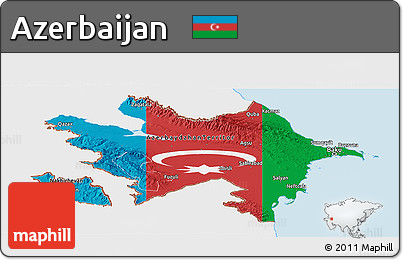 Flag Panoramic Map of Azerbaijan, single color outside, bathymetry sea, shaded relief sea, flag rotated