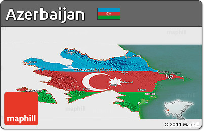 Flag Panoramic Map of Azerbaijan, single color outside, satellite sea, flag centered