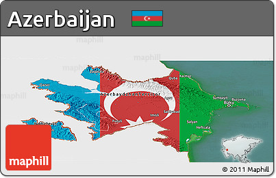Flag Panoramic Map of Azerbaijan, single color outside, satellite sea, flag aligned to the middle