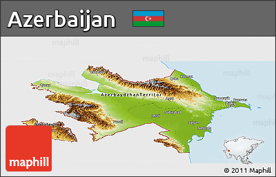 Physical Panoramic Map of Azerbaijan, single color outside, bathymetry sea, shaded relief sea