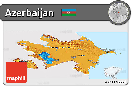 Political Panoramic Map of Azerbaijan, single color outside, bathymetry sea
