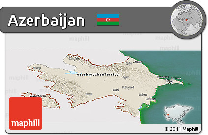 Shaded Relief Panoramic Map of Azerbaijan, single color outside, satellite sea