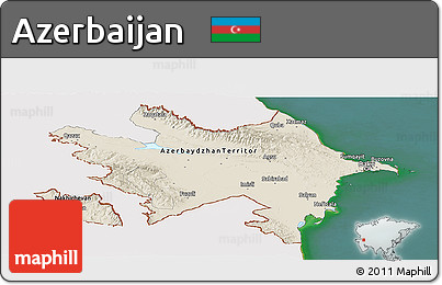 Shaded Relief Panoramic Map of Azerbaijan, single color outside, satellite sea
