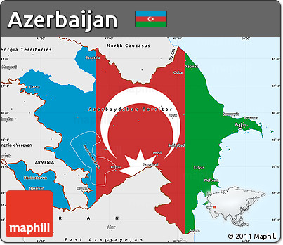 Flag Simple Map of Azerbaijan, single color outside, borders and labels, flag aligned to the middle