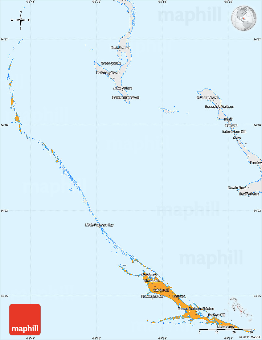 Political Simple Map of Exuma, single color outside, borders and labels