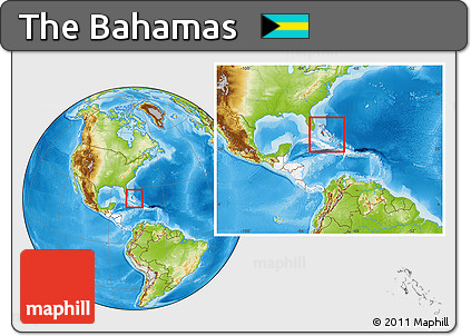 Physical Location Map of the Bahamas, highlighted continent, within the entire continent