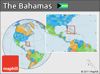Political Location Map of the Bahamas, within the entire continent