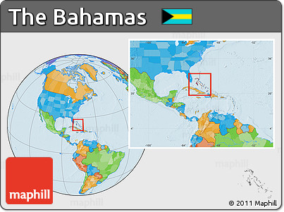 Political Location Map of the Bahamas, within the entire continent