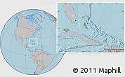 Satellite Location Map of The Bahamas, gray outside, hill shading