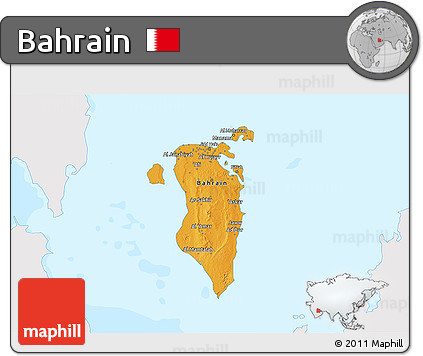 Political 3D Map of Bahrain, single color outside, bathymetry sea