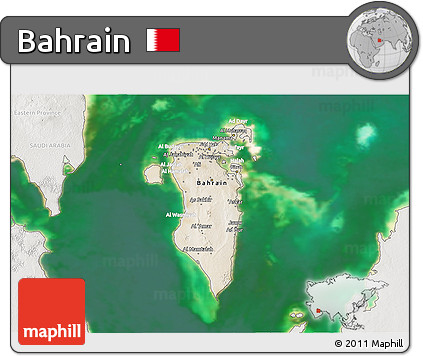 Satellite 3D Map of Bahrain, lighten, semi-desaturated, land only