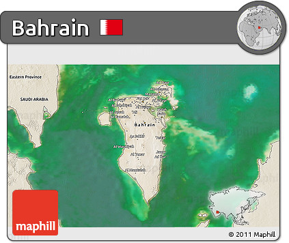 Satellite 3D Map of Bahrain, shaded relief outside, satellite sea