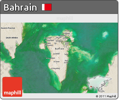Satellite 3D Map of Bahrain, shaded relief outside, satellite sea