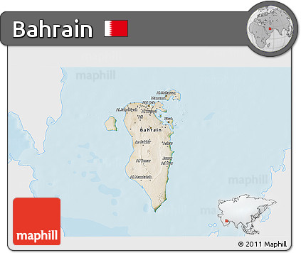 Satellite 3D Map of Bahrain, single color outside, bathymetry sea, shaded relief sea