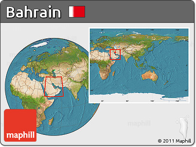Satellite Location Map of Bahrain, within the entire continent