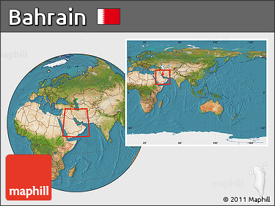 Satellite Location Map of Bahrain, within the entire continent