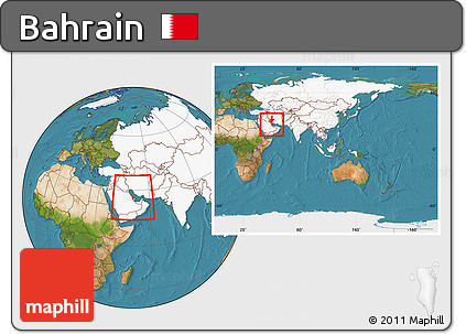 Satellite Location Map of Bahrain, highlighted continent, within the entire continent
