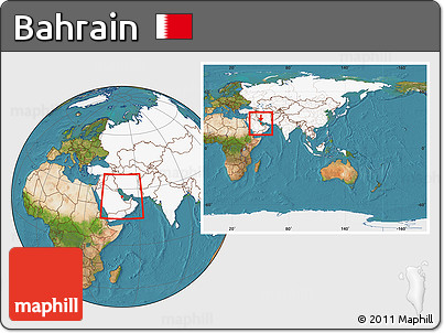 Satellite Location Map of Bahrain, highlighted continent, within the entire continent