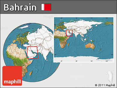 Satellite Location Map of Bahrain, highlighted continent, within the entire continent