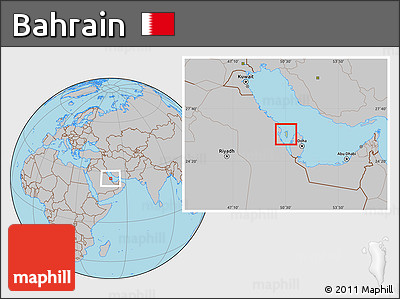Savanna Style Location Map of Bahrain, gray outside, hill shading inside